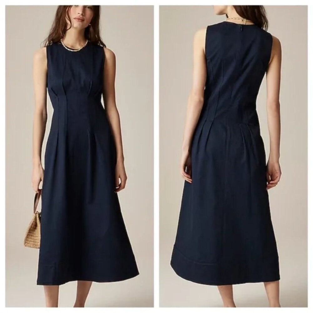 NWT J. Crew Pintuck midi dress in stretch twill navy blue, size 12